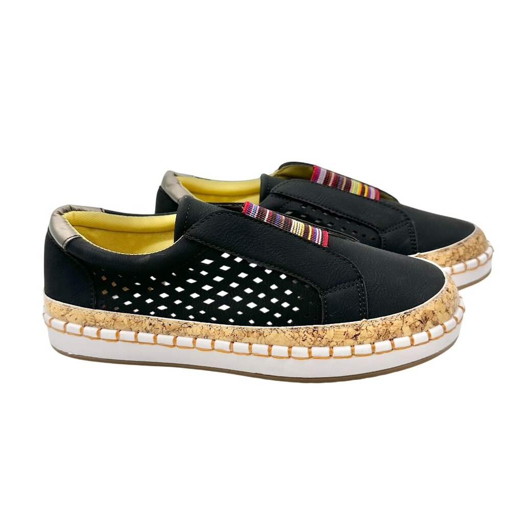 Black Slip-On Womens Shoes Size 9.5 With Cork Sole and Multicolor Elastic Band